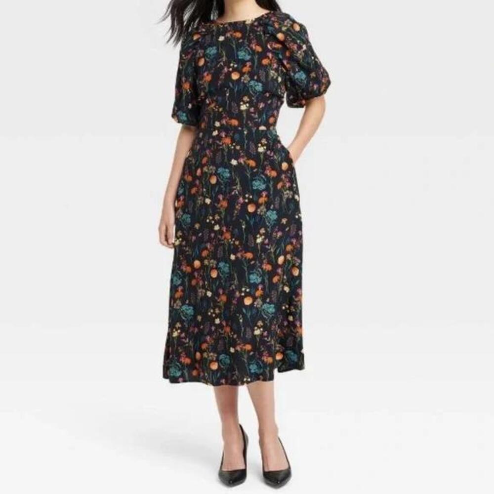 A New Day Black Floral Puff Short Sleeve Dress Size XL